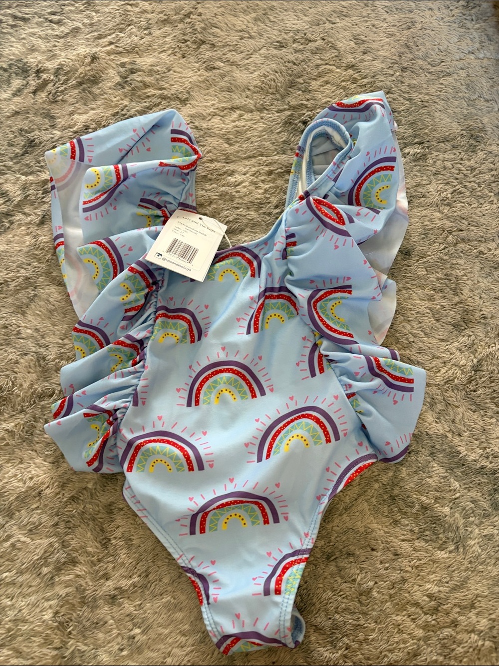 Kids Light Blue Rainbow One-Piece Swimsuit with Ruffle Detail